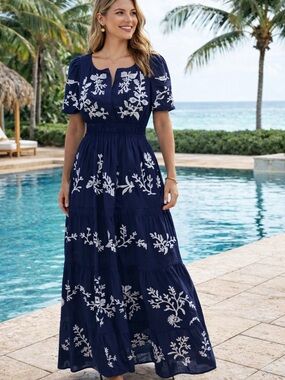 Anthropologie Navy Blue Maxi Dress with White Floral Embroidery